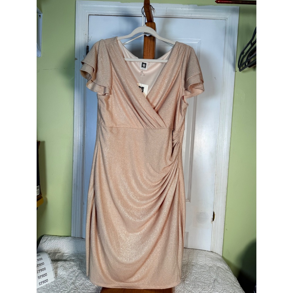 Anne Klein Champagne Metallic Faux Wrap Sheath Dress Flutter Sleeve Size 14 NWT